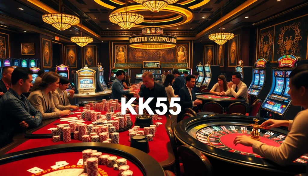 Experience the thrill of gambling at KK55 Casino with professional players at vibrant tables.