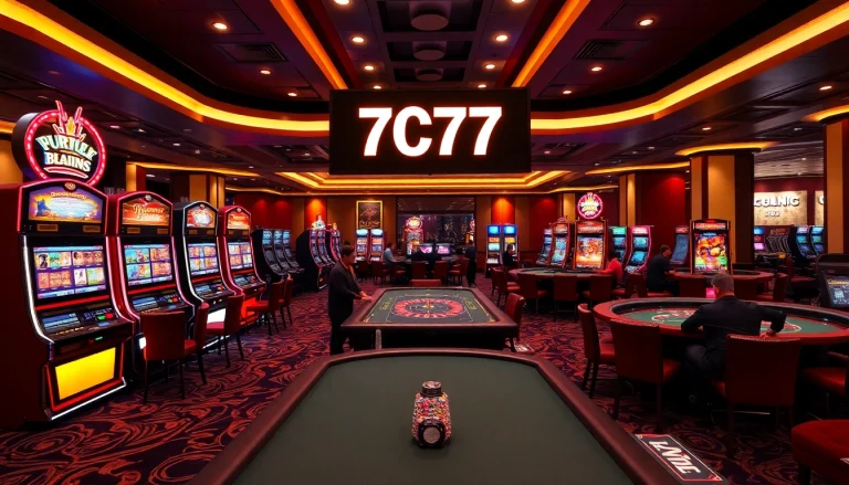 Players enjoying thrilling games like poker and slots at 7C77 casino, emphasizing excitement and luxury.