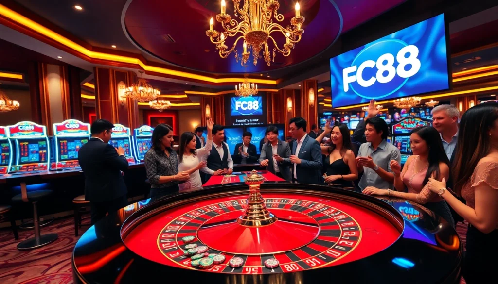 Experience the thrill of casino games at FC88 with vibrant roulette tables and excited players.