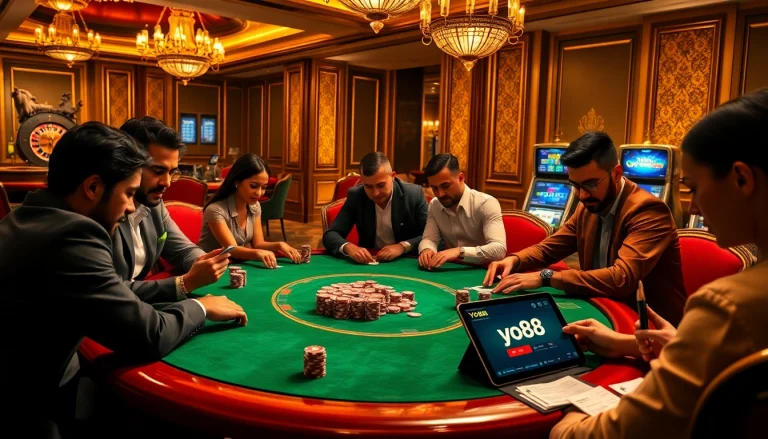 Experience the thrill of yo88 at a professional poker table in a luxurious casino setting.