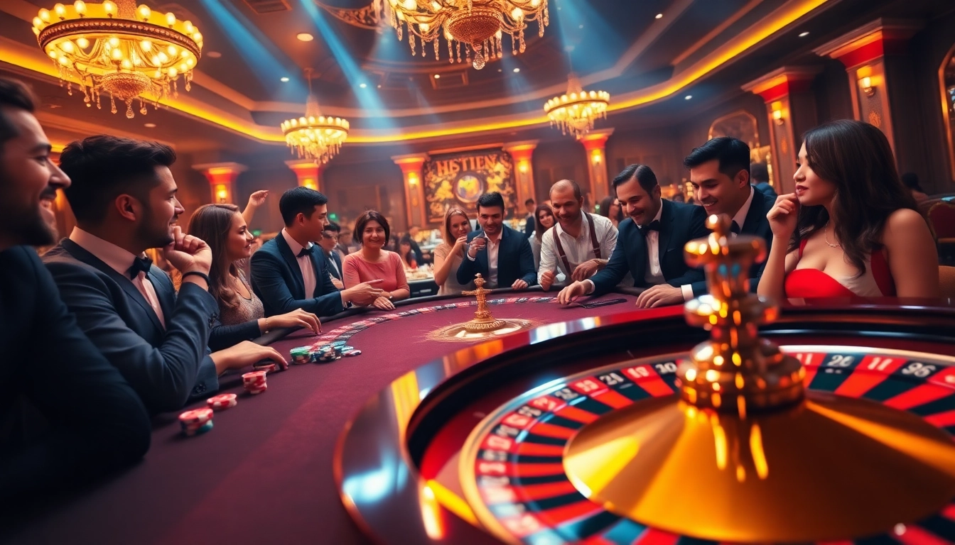 Players joyfully betting at a roulette table, highlighting the energy of https://tg88m.com/ casino excitement.