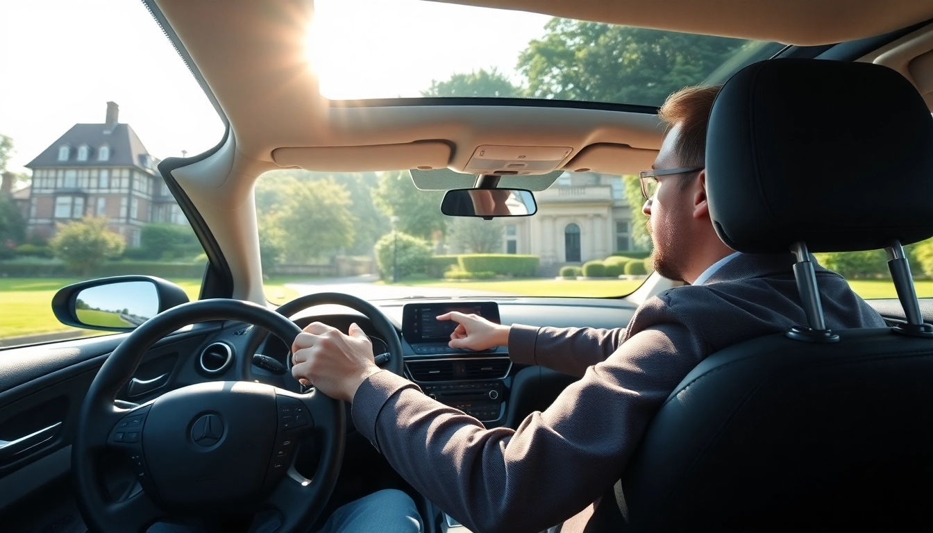 Instructor providing automatic driving lessons Guildford in a modern vehicle against a Guildford backdrop.