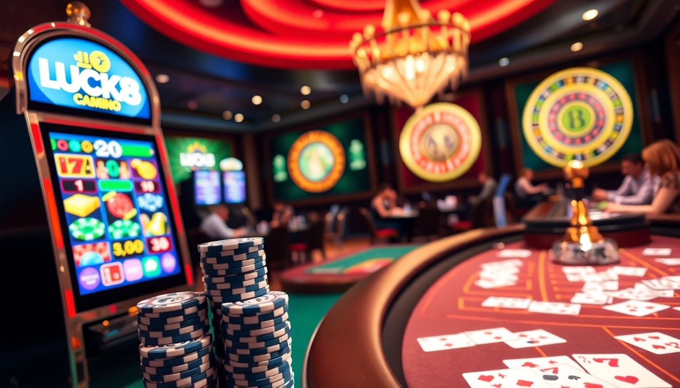 An enticing casino scene featuring engaging gambling elements and the LUCK8 logo, highlighting online gaming excitement at https://luck8v.us.com/.
