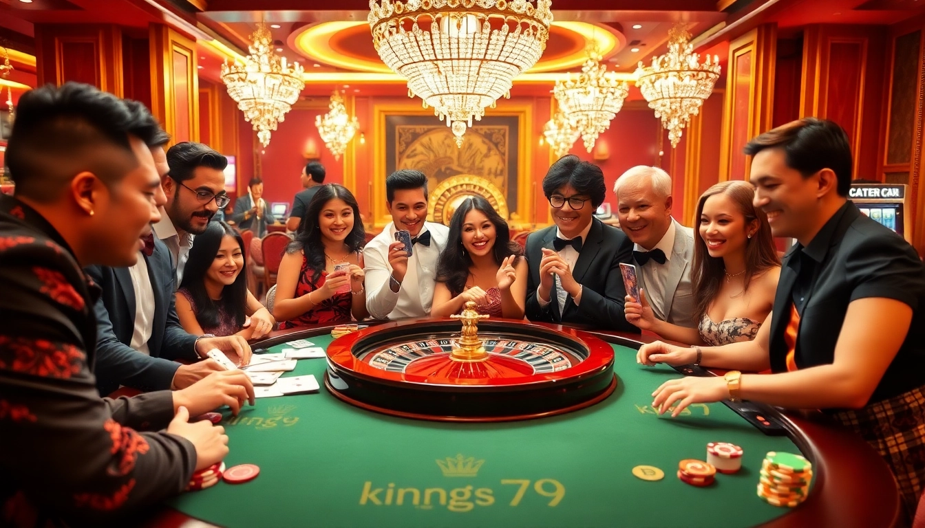 King79 players enjoying an exciting game at a luxury roulette table in a vibrant casino setting.