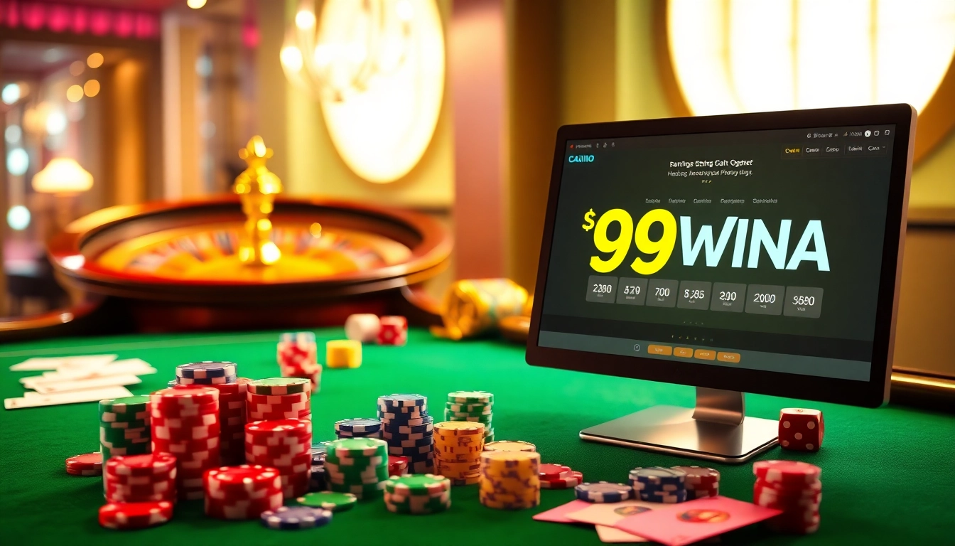 A vibrant casino table with games and elements from https://99wina.org/ enticing gamblers to join.