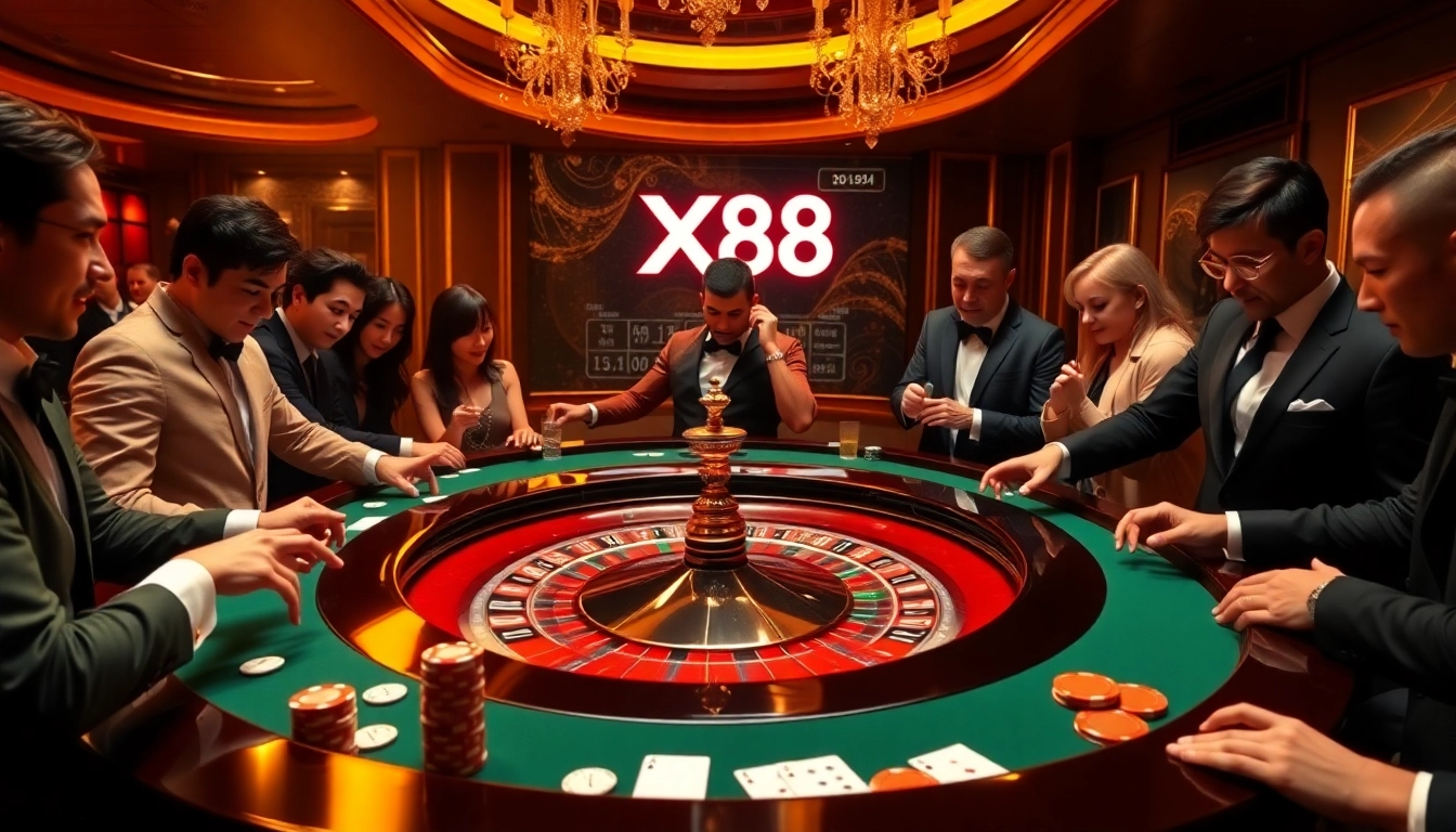 X88 casino scene with excited players at a roulette table, capturing luxury and high stakes.