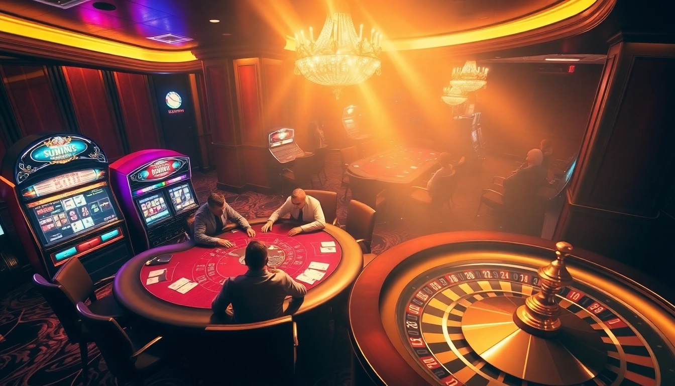 Exciting sunwin gambling scene featuring poker, roulette, and vibrant slot machines.