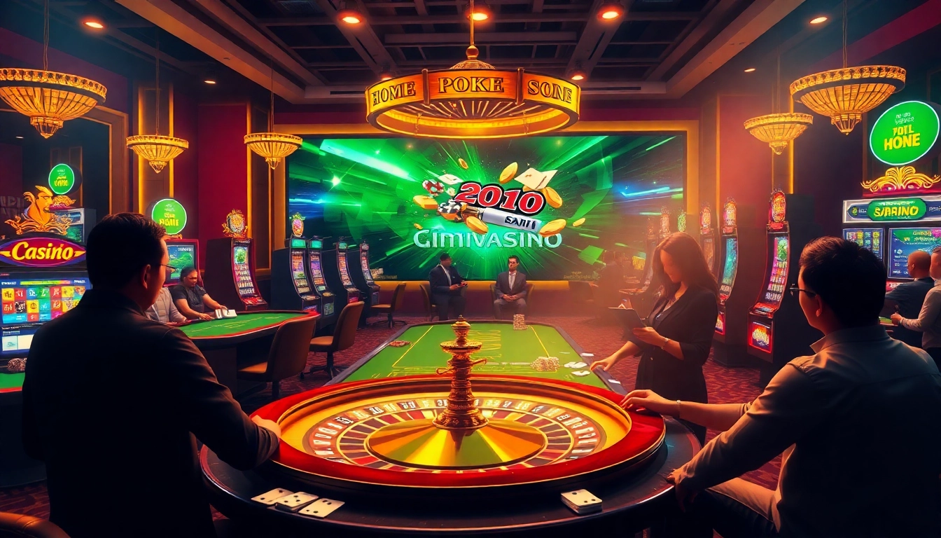 Engaging online gaming scene at https://rikbet.com.co/ with poker tables and slot machines displaying excitement.