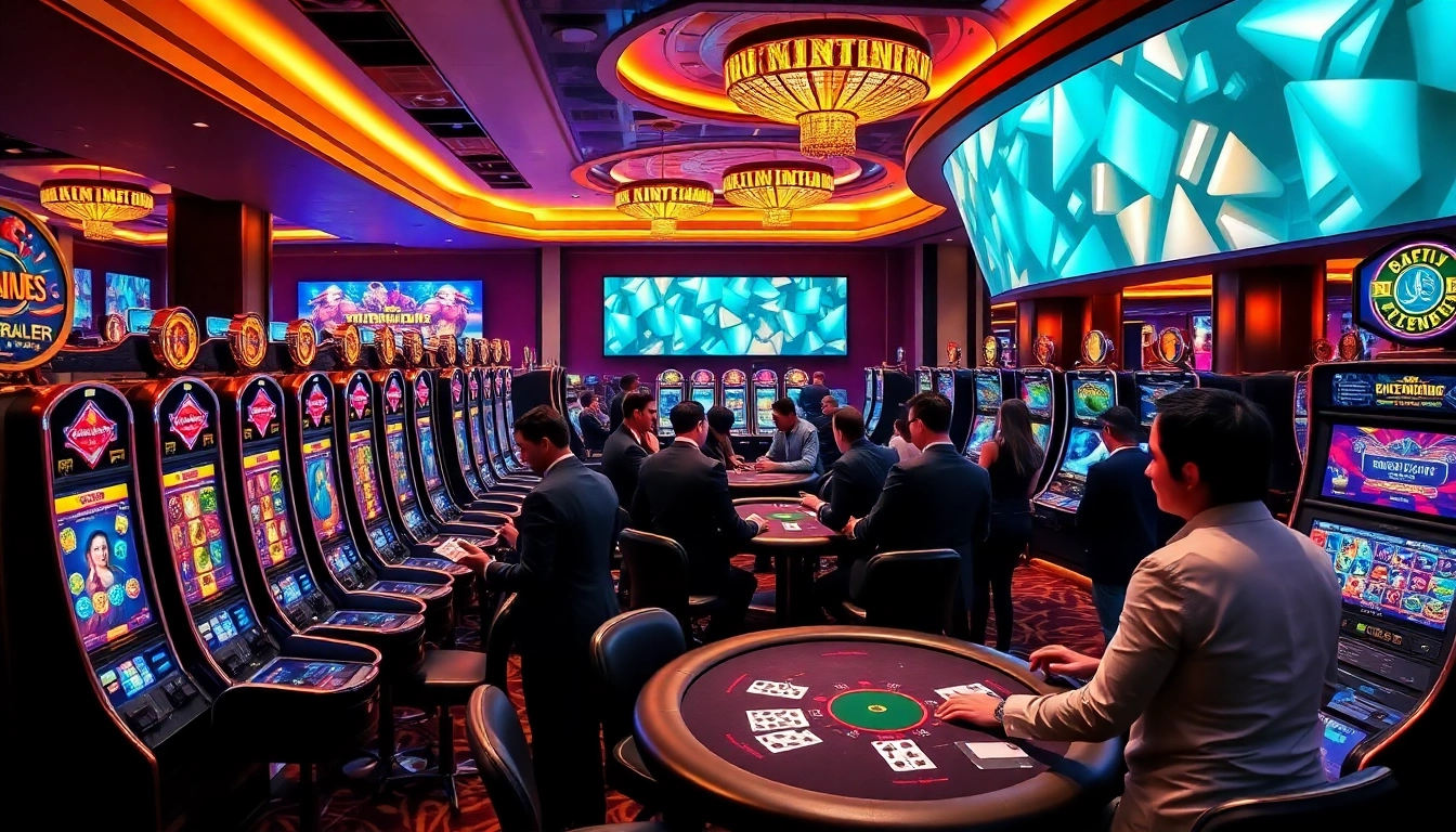Nohu gaming scene showcasing vibrant slot machines and engaged players at poker tables, exuding excitement.