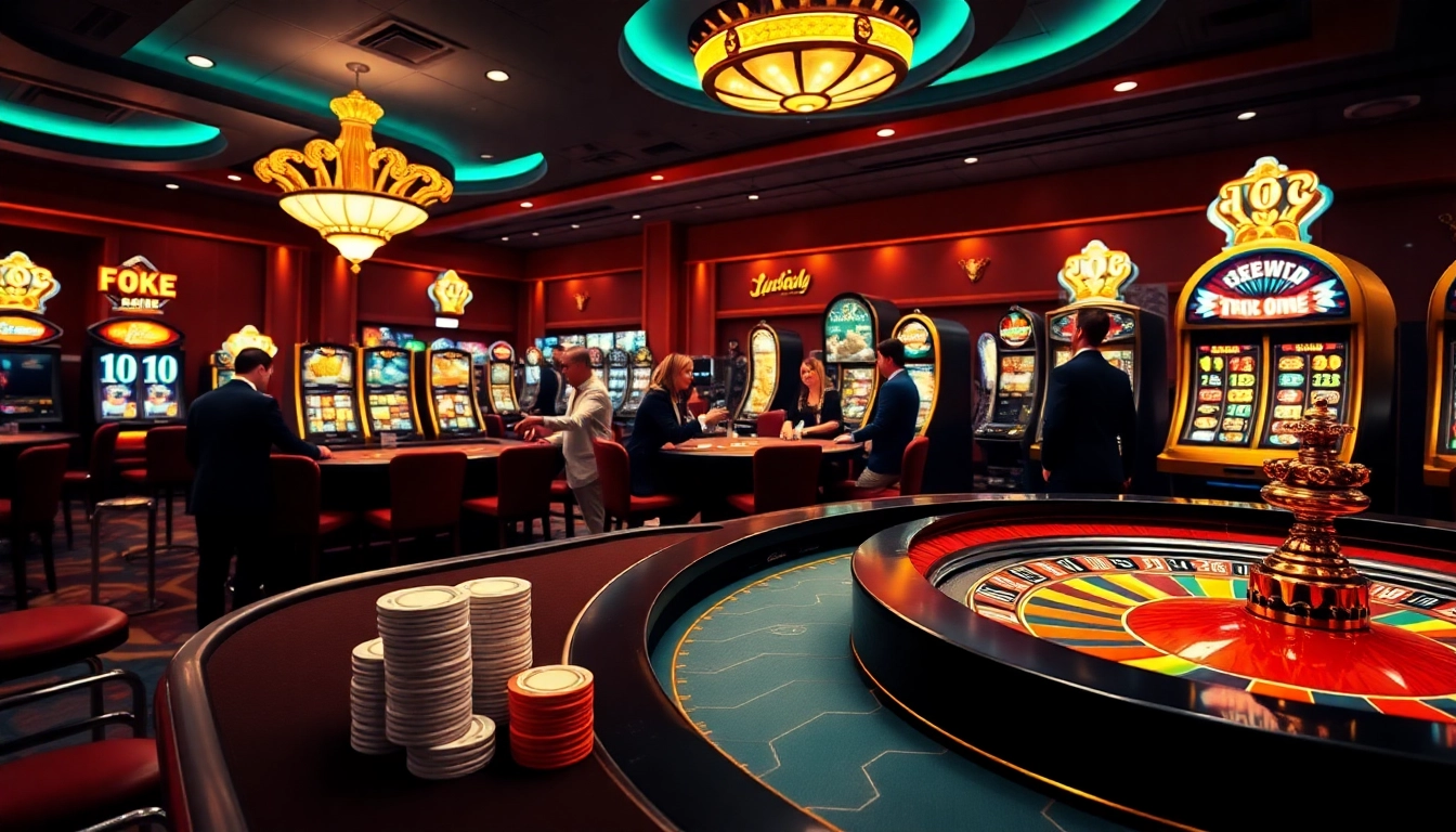 Players enjoying an advanced Luckywin online casino experience with vibrant slot machines and a roulette wheel.