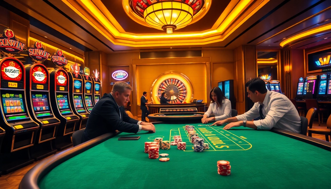 Exciting poker game setting showcasing sunwin chips and vibrant casino atmosphere.