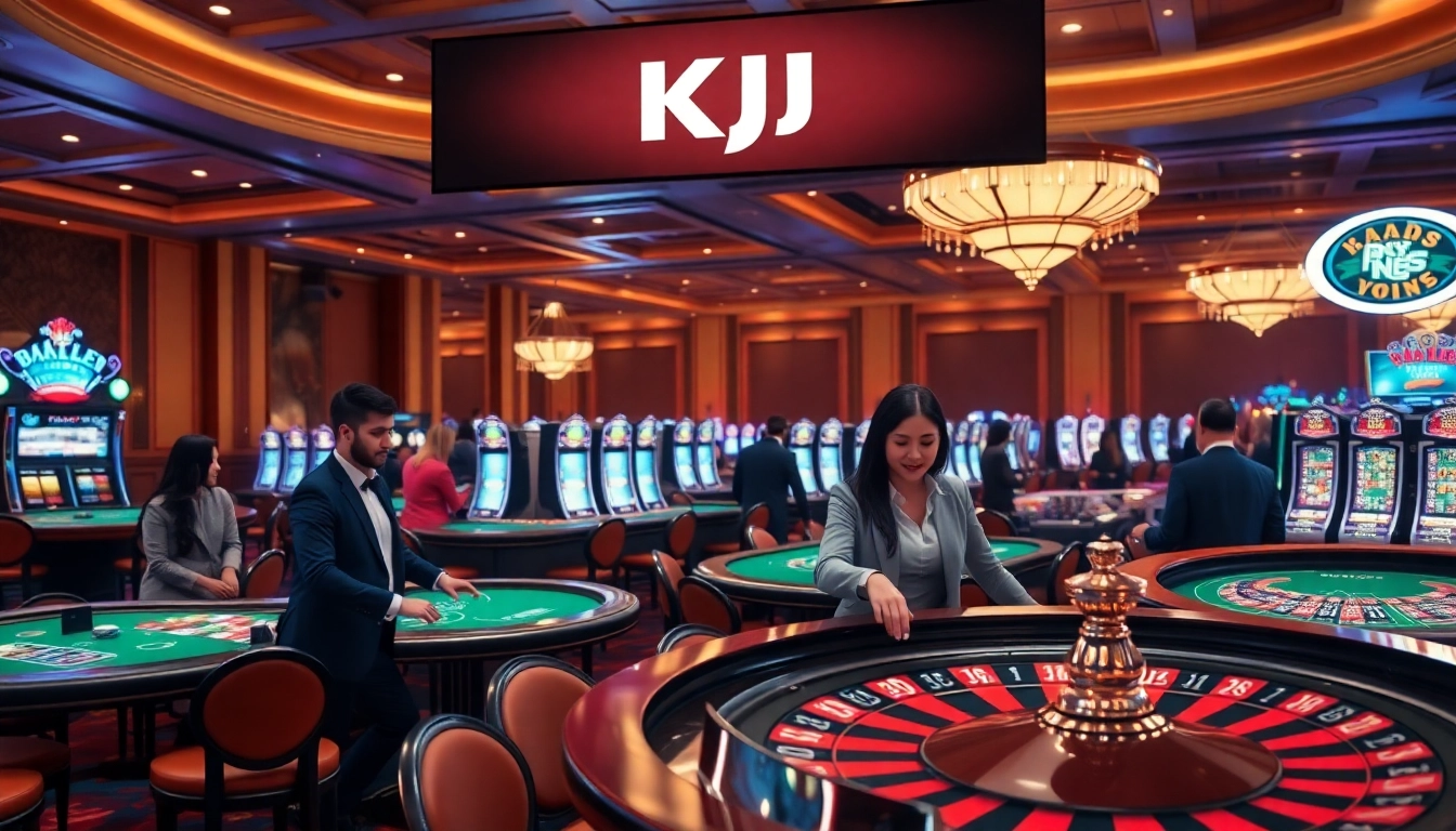 KJC gamblers enjoying thrilling gameplay at luxurious casino tables filled with poker chips and slot machines.