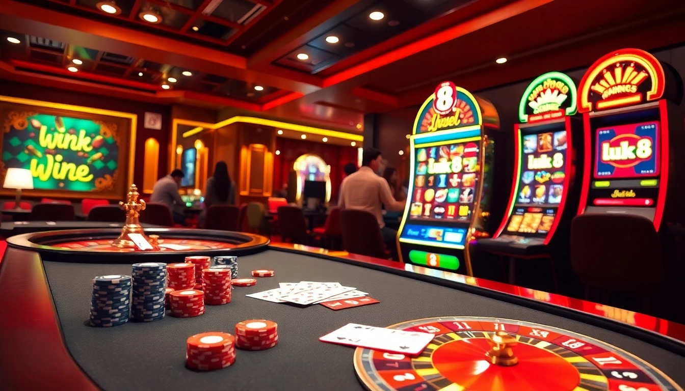 Excited players enjoying the thrill of online gambling with link luck8 in a luxurious casino setting.