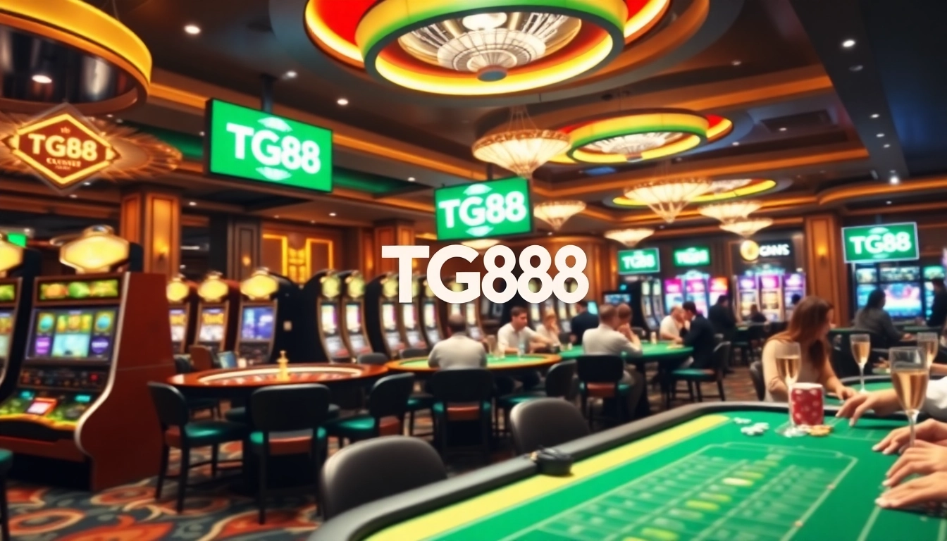Exciting scene at TG88 casino showcasing vibrant gaming tables and enthusiastic gamblers.