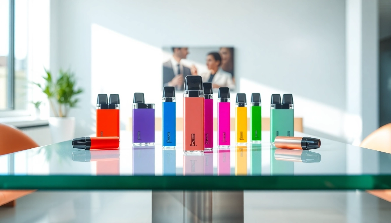 Buy Prefilled vape pods UK displayed elegantly on a glass table, showcasing vibrant colors and sleek design.