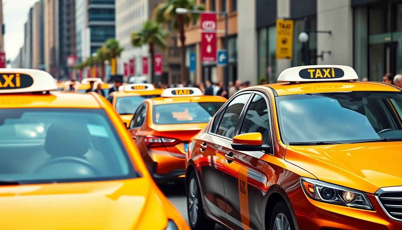 Catch a glimpse of vibrant cabs amidst a bustling urban environment, showcasing modern transportation.