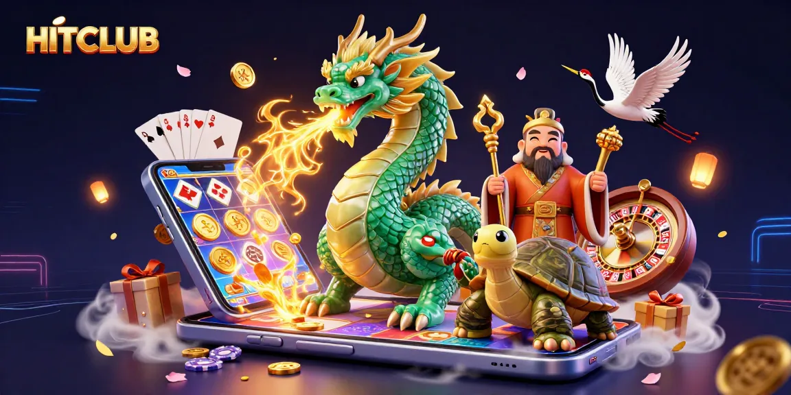 Engage with HITCLUB's thrilling digital casino scene featuring vivid characters and sparkling gameplay elements.