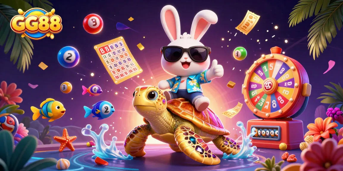 GG88 celebrates fortune with a lucky rabbit and golden sea turtle, highlighting vibrant lottery elements and casino excitement.
