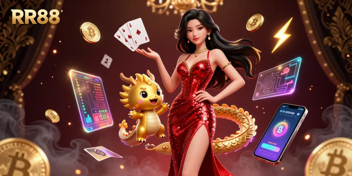 Experience winning thrills with RR88's vibrant illustration featuring a glamorous Asian woman and golden dragon in a rich casino setting.