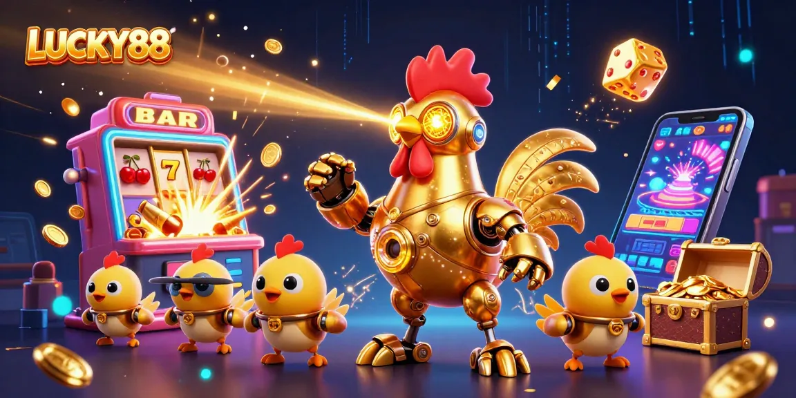 LUCKY88 showcases a vibrant, ultra-detailed 3D scene of a golden rooster robot amidst casino excitement.