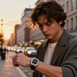 Person showcasing a luxury super clone watch in an urban sunset setting, emphasizing luxury and style.
