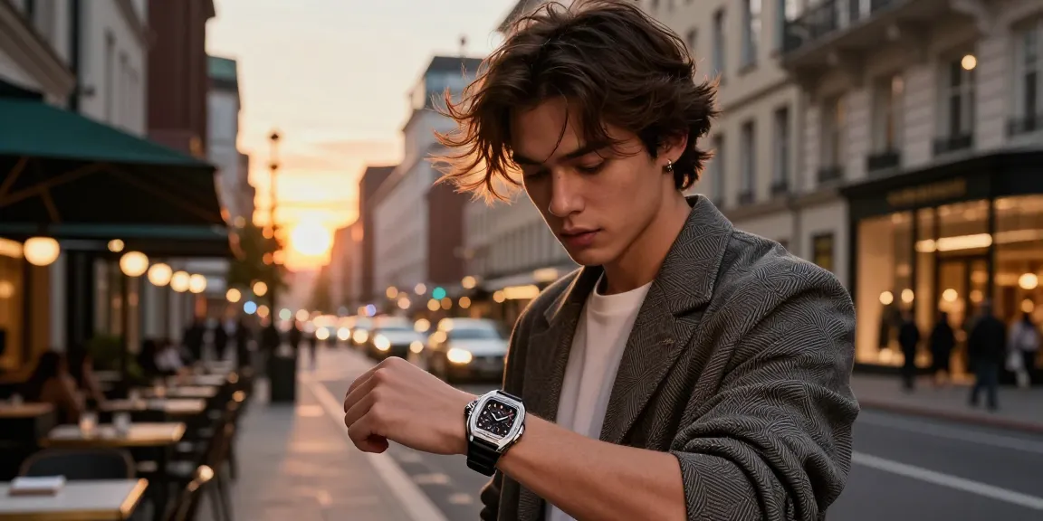 Person showcasing a luxury super clone watch in an urban sunset setting, emphasizing luxury and style.
