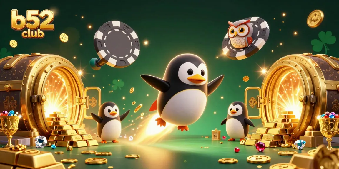 Experience the thrill at b52 club with a golden penguin soaring towards a giant poker chip casino!