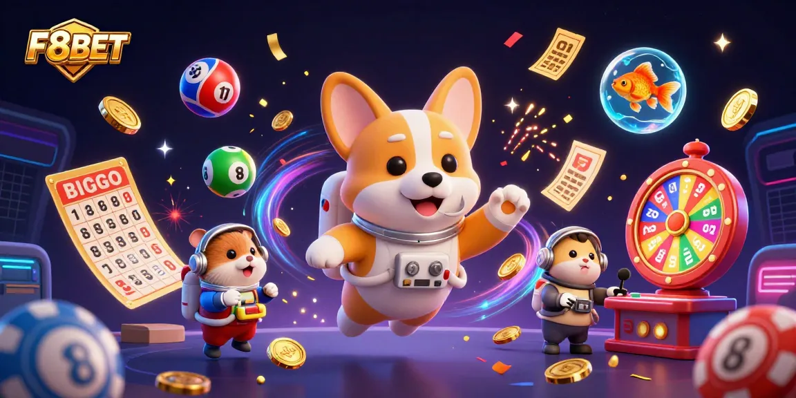 Play exciting games at F8BET featuring a vibrant casino scene with 3D characters in zero gravity.