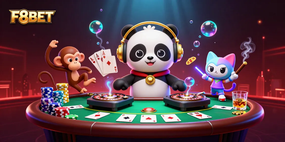 F8BET energizes the casino with a DJ panda, breakdancing monkey, and rave kitten in a vibrant scene.