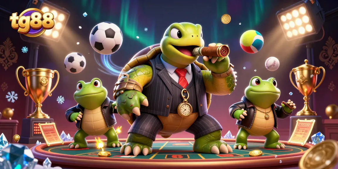 Engage with tg88's thrilling betting experience featuring a cartoon turtle and themed casino elements.