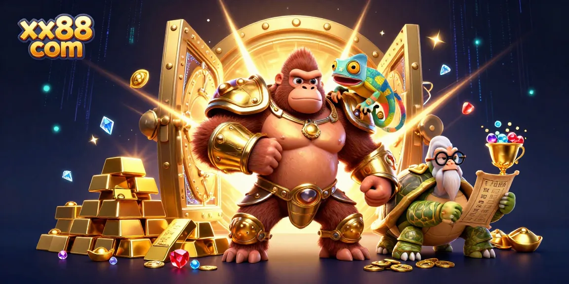 Experience winning at xx88 com with vibrant casino characters amidst treasures and gaming elements.