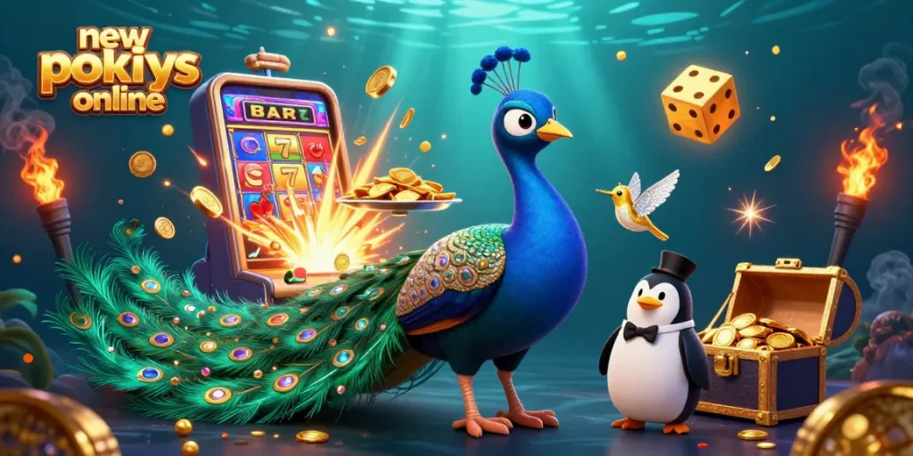 Engage with new pokies online; vibrant 3D image showcasing slot machines and casino characters in action.
