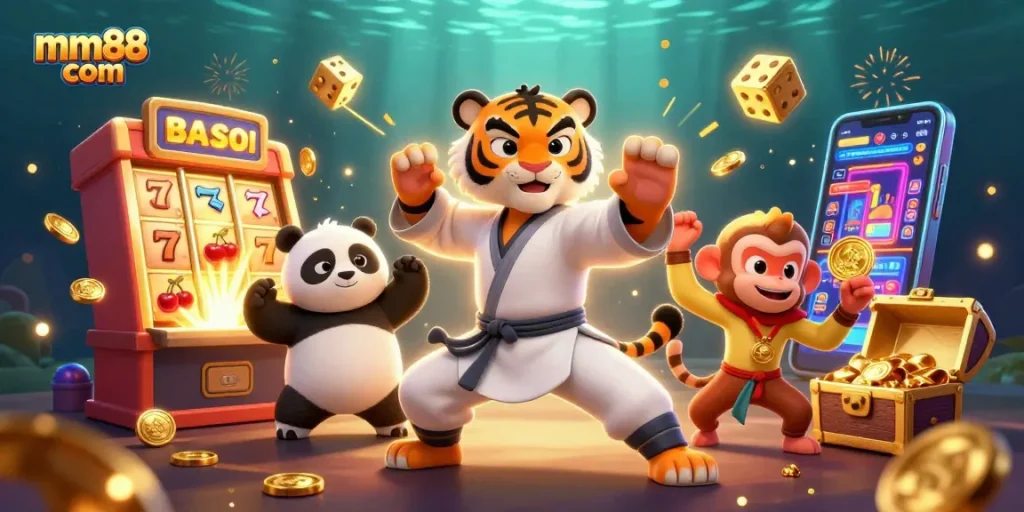 Engage in thrilling gameplay at mm88 com, where a 3D kung fu tiger and friends enjoy vibrant casino activities.