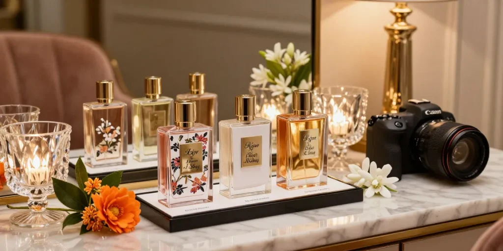 Kilian Love Don't Be Shy perfume samples displayed beautifully among fragrant flowers, evoking luxury and elegance.