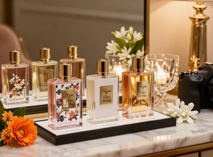 Kilian Love Don't Be Shy perfume samples displayed beautifully among fragrant flowers, evoking luxury and elegance.