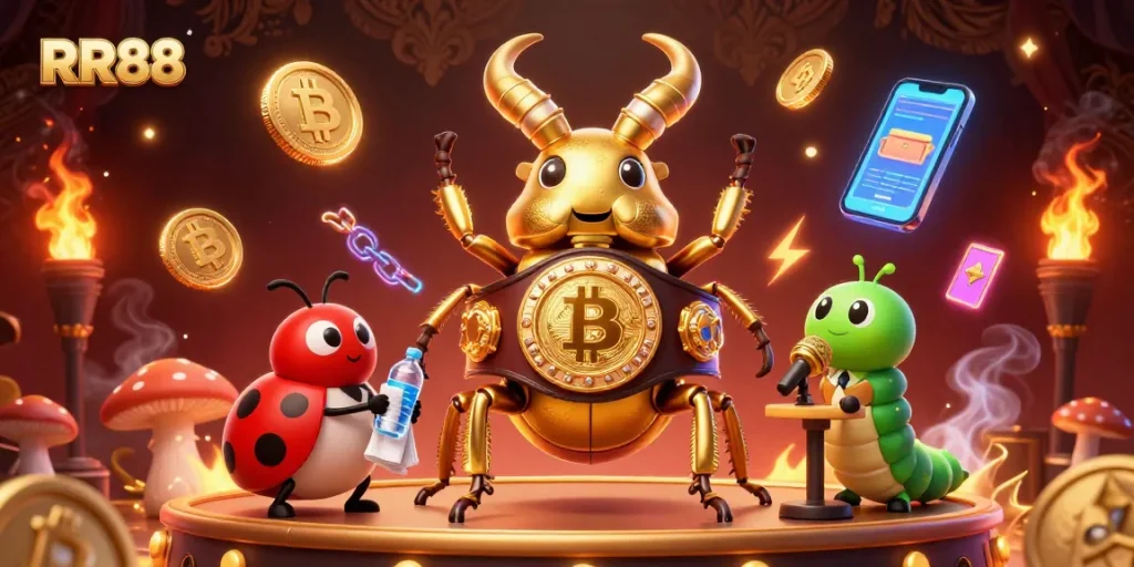 RR88 features a boxing stag beetle as a champion in a lively casino scene with vibrant elements.