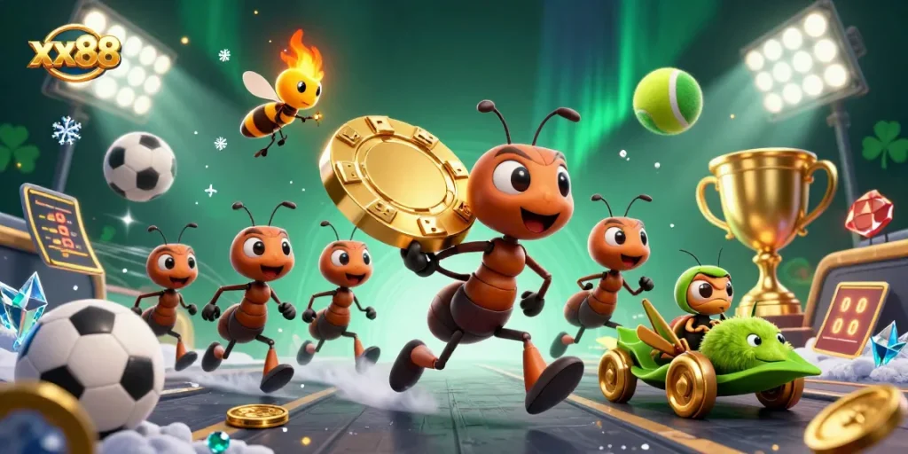 Participate in winning with xx88 as cartoon ants strategize a heist for a huge poker chip amidst vibrant casino elements.