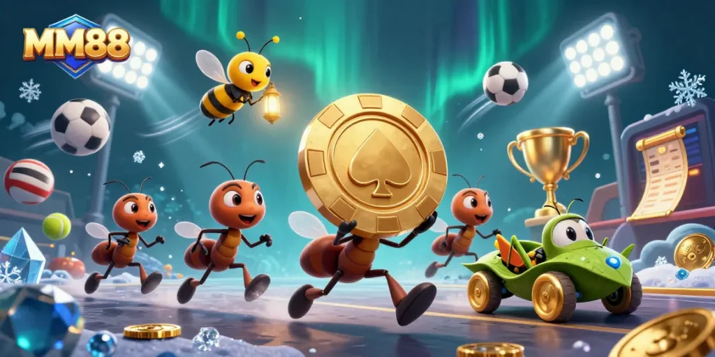 Engaging MM88 gaming illustration showing cartoon ants on a heist with golden poker chip.