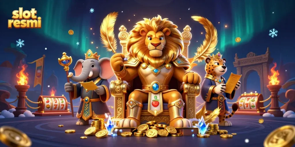 Experience the excitement of slot resmi with an illustrated dynamic casino scene featuring a lion king, elephant, and cheetah.